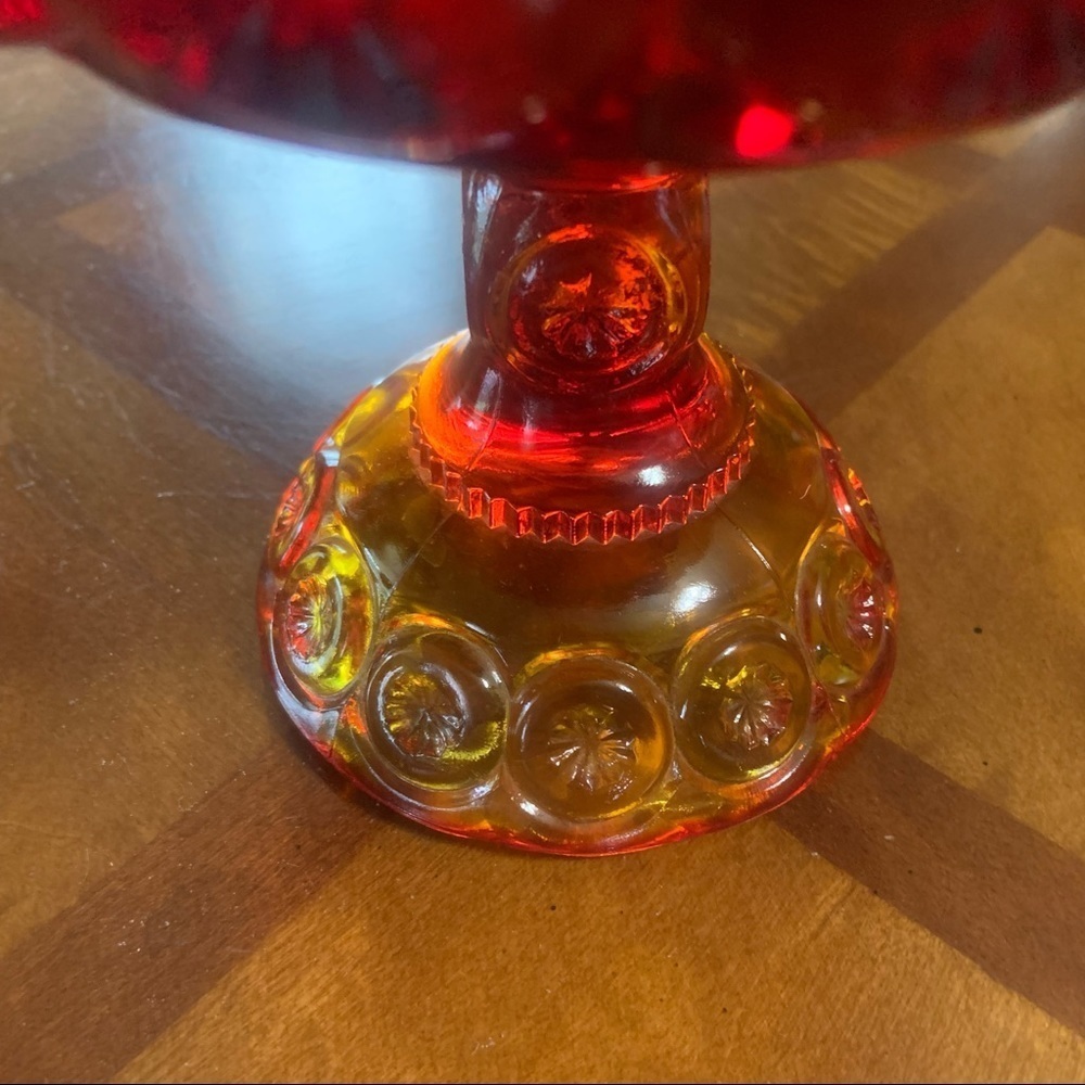 Vintage Mid Century Modern Moon & Stars Red Amberina Glass Round Pedestal Bowl - Picture 4 of 11